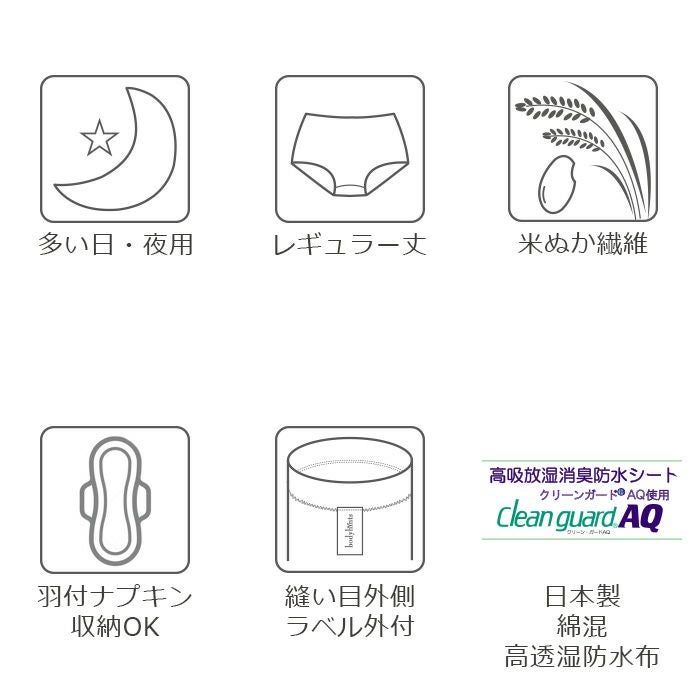 【多い日・夜用】 国産米ぬか繊維☆サニタリーショーツ（生理用パンツ）【日本製】