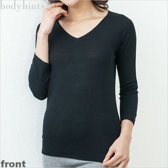 こだわりの無縫製☆日本製 シルクニット8分袖インナー Vネックタイプ 